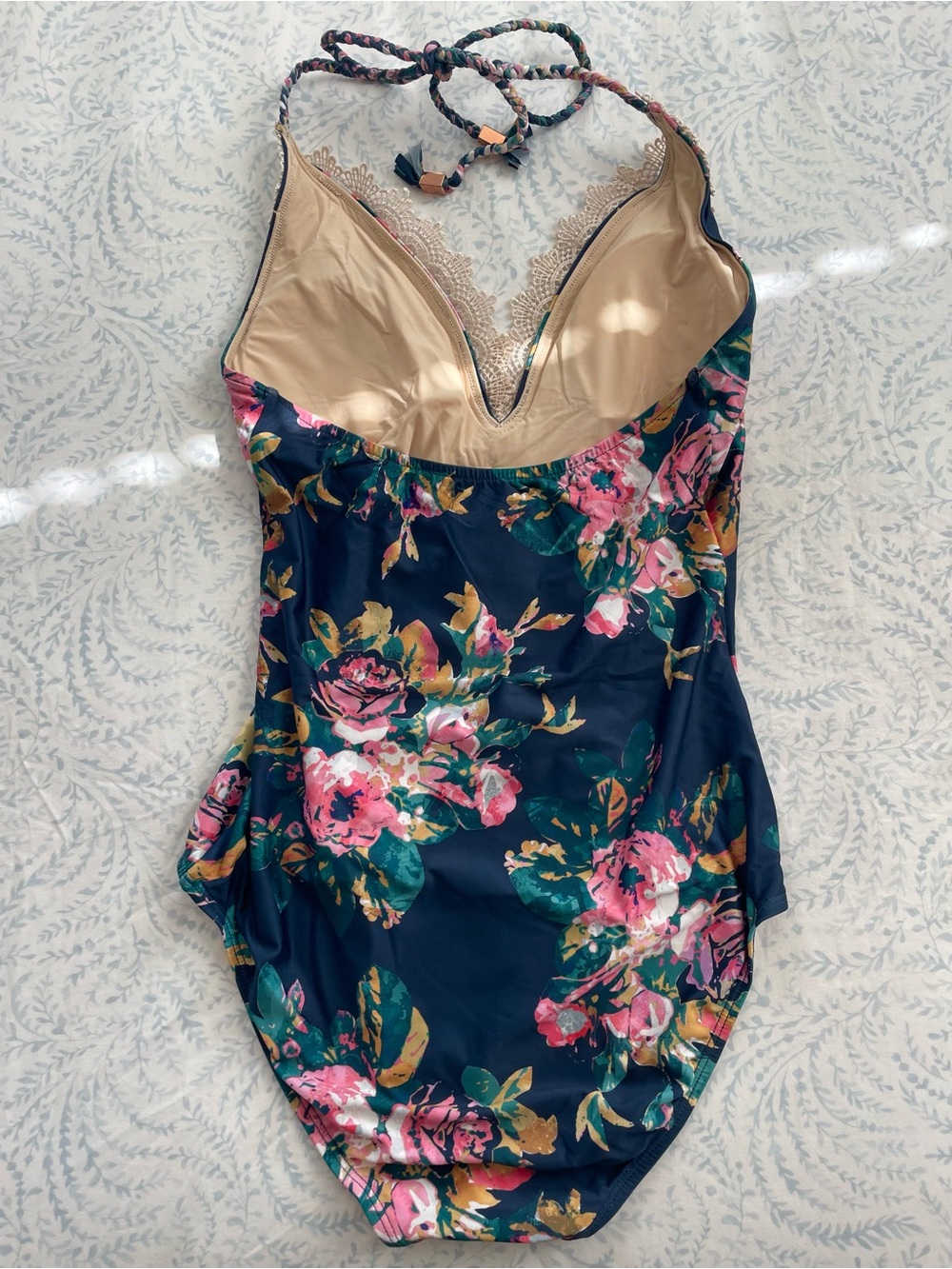Blue Floral One-Piece Swimsuit with Lace Trim and halter top - Picture 5 of 6